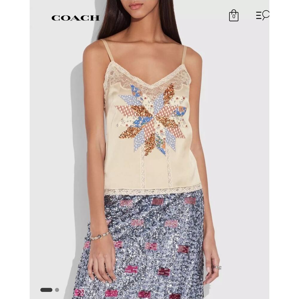 Coach Prairie Floral Sequin Quilted Patchwork Star Cami Top Lace Trim Size 4